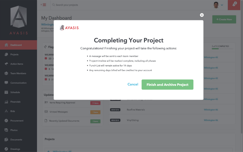 AVASIS project completion dialog