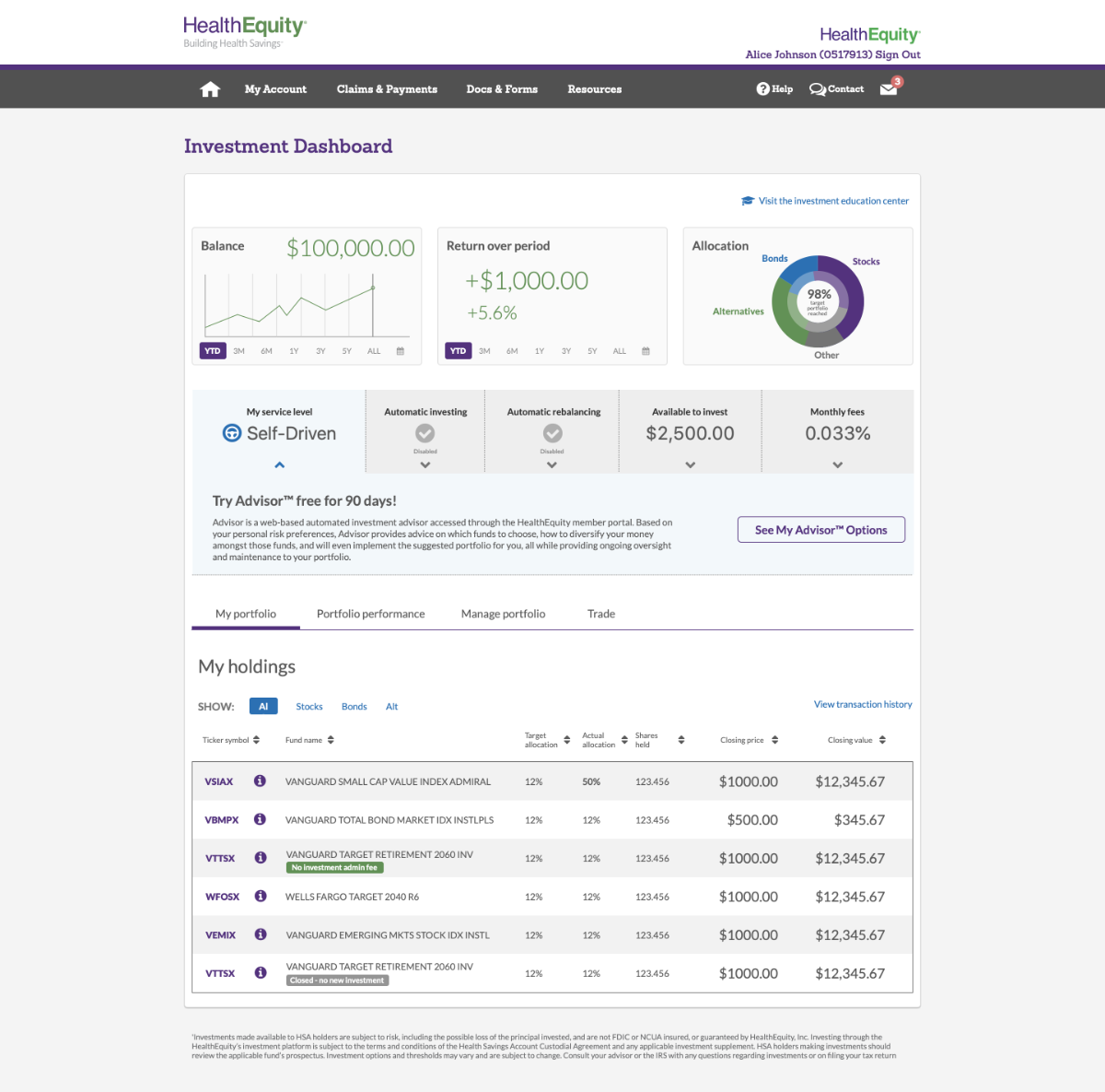 HealthEquity new investment dashboard