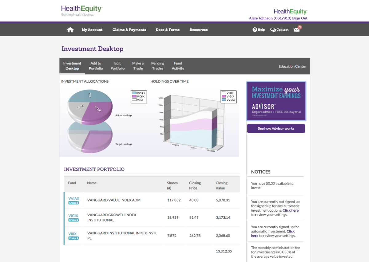 HealthEquity old investment dashboard